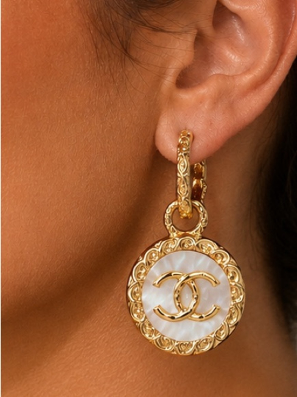 Gold-Tone Interlocking CC Pendant Hoop Earrings - Picture 3 of 4